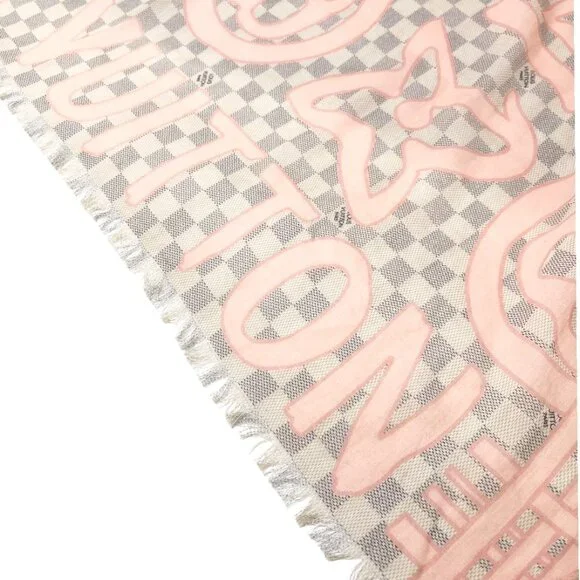LOUIS VUITTON Vintage Damier Azur Tahitienne Logo Scarf Wrap Pink Gray [105046] - Picture 8 of 11